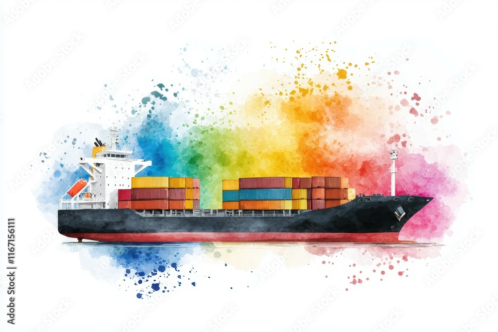 Fototapeta premium Colorful Container Ship Sailing Through Vibrant Watercolor Splashes in Background