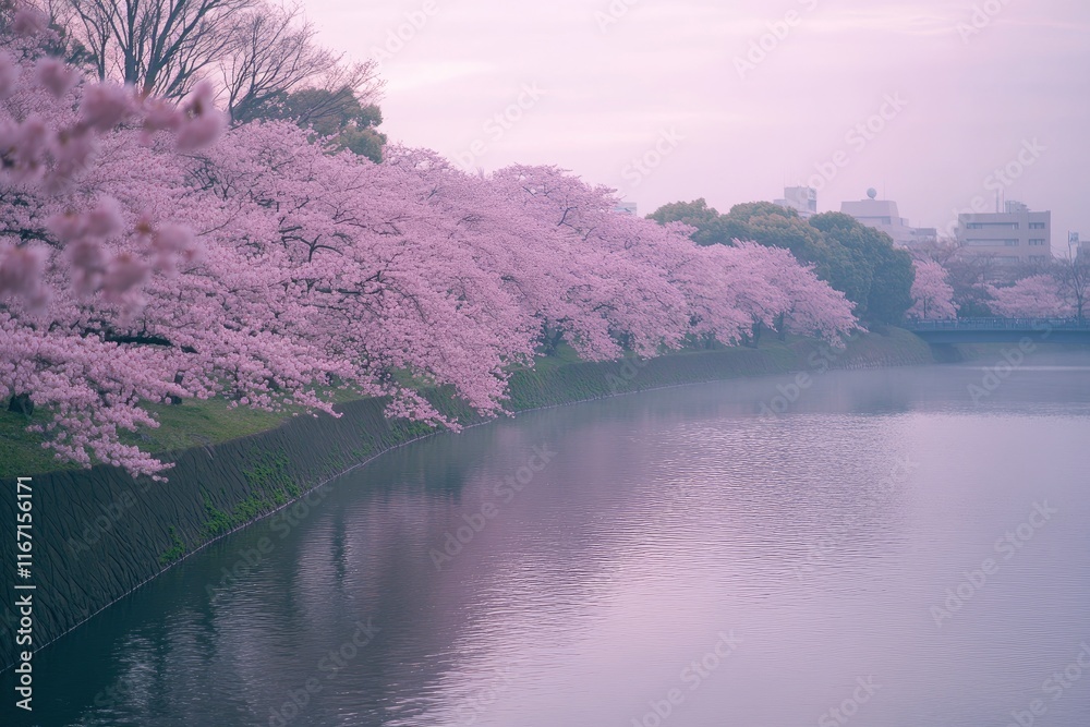 A beautiful cherry blossom park in full bloom, with rows of pink blossoms lining the paths and streets. The scene is set by a peaceful lake or river, creating an atmosphere reminiscent of traditional A beautiful cherry blossom park in full bloom, with rows of pink blossoms lining the paths and streets. The scene is set by a peaceful lake or river, creating an atmosphere reminiscent of traditional