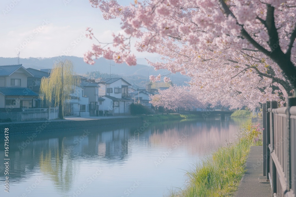 Obraz premium A beautiful cherry blossom park in full bloom, with rows of pink blossoms lining the paths and streets. The scene is set by a peaceful lake or river, creating an atmosphere reminiscent of traditional