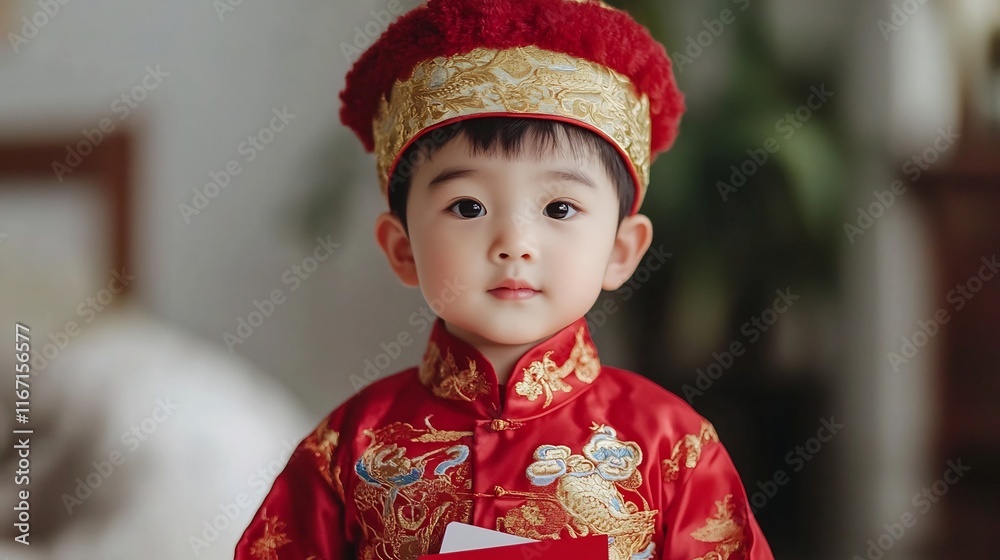 Adorable Asian Child in Traditional Chinese Holiday Attire Holding Red Envelope Adorable Asian Child in Traditional Chinese Holiday Attire Holding Red Envelope