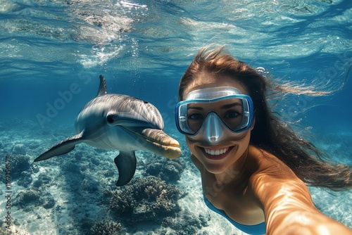 Smiling diver interacts with friendly dolphin in clear tropical waters