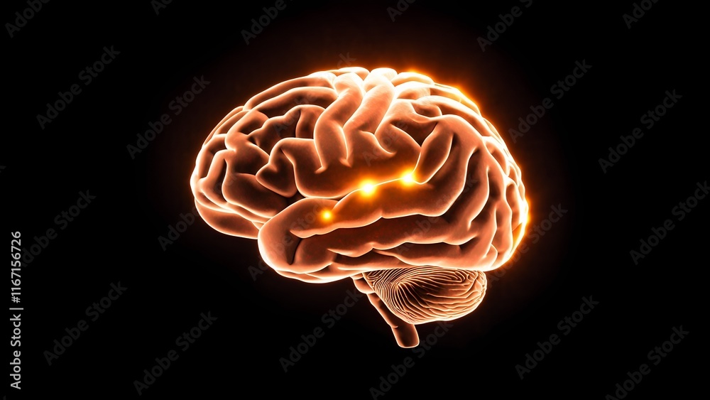 Brain with one glowing line highlighting activity on black background Brain with one glowing line highlighting activity on black background