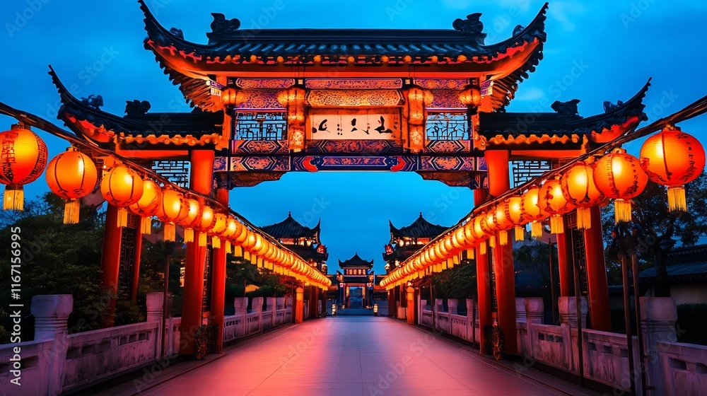 Majestic Chinese Gate with Festive Lanterns and Decor Majestic Chinese Gate with Festive Lanterns and Decor