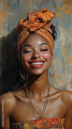 Smiling young woman with sparkling eyes enjoys a moment of joy in a serene se...