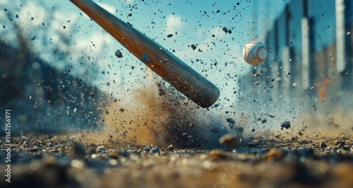 Powerful swing connects with baseball during sunset on a dusty field
