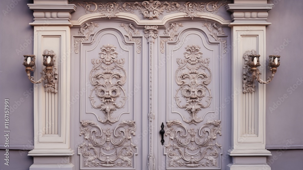 Obraz premium Ornate wooden door with vintage handles, space on the right, backlighting, soft lavender background,Generative ai illustration