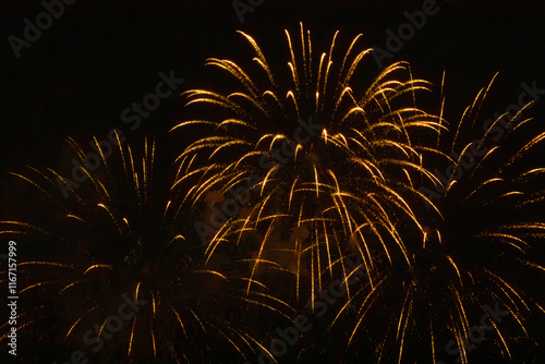 A dazzling display of golden fireworks bursts with star-like patterns, accompanied by soft blue specks of light against a dark sky. A magical and festive scene. photo