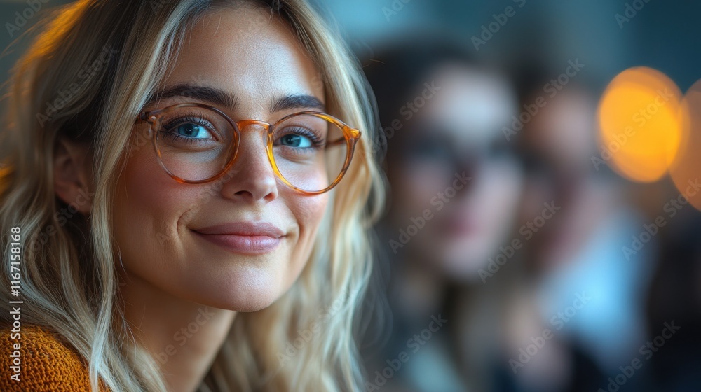 A smiling woman with glasses, surrounded by blurred figures, conveying a warm social atmosphere. A smiling woman with glasses, surrounded by blurred figures, conveying a warm social atmosphere.