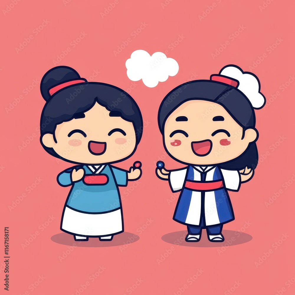 Cute Cartoon Characters in Traditional Attire Smiling Joyfully with Colorful Background, Celebrating Heritage and Culture, Perfect for Children's Illustrations and Educational Material Cute Cartoon Characters in Traditional Attire Smiling Joyfully with Colorful Background, Celebrating Heritage and Culture, Perfect for Children's Illustrations and Educational Material