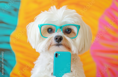 A small, fluffy dog with white fur and bright blue glasses poses playfully while holding a turquoise phone in front of a lively, multicolored backdrop.
