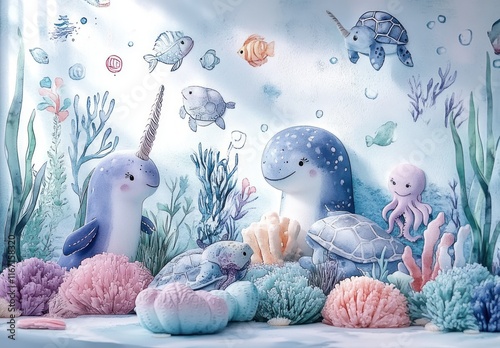 Whimsical Underwater Scene with Marine Animals Like Narwhals, Turtles, and Octopuses in Soft Watercolor Style photo