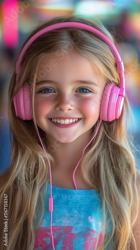 Young girl with pink headphones smiles joyfully against a weathered wooden wall