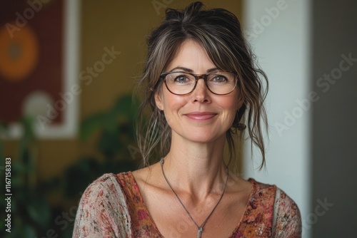 Young woman with curly hair and glasses smiling indoors in a modern environment
