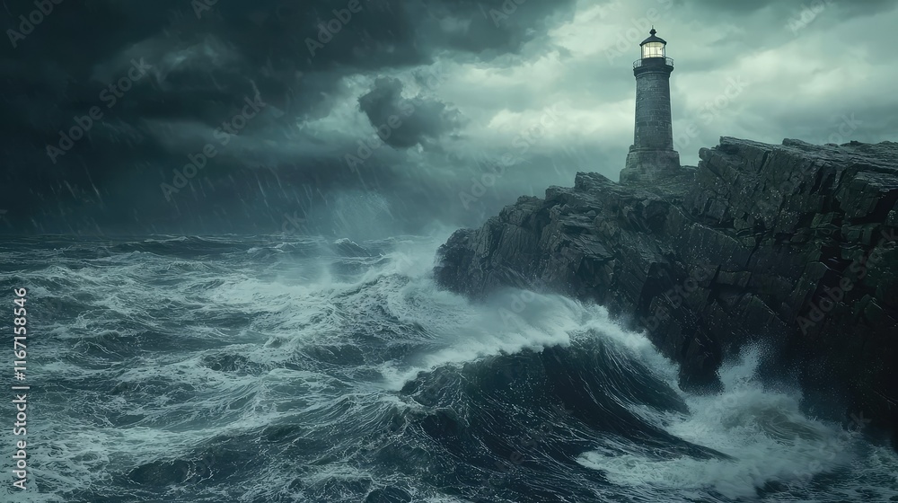 Dramatic Lighthouse on Rocky Shore During Stormy Weather Dramatic Lighthouse on Rocky Shore During Stormy Weather