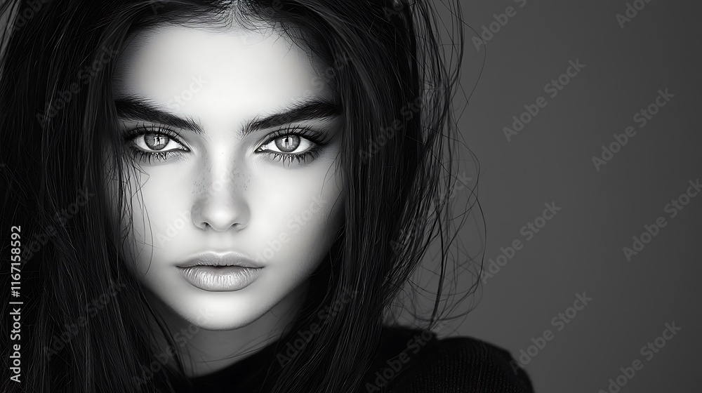 Fototapeta premium Artistic portrait of a young woman with a natural and delicate face, expressive eyes shining softly in monochromatic tones. Black disheveled hair frames her, with smooth lighting creating subtle 