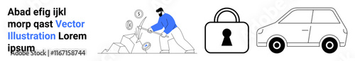 Man breaking rocks with coins, lock, car. Ideal for finance, labor, cybersecurity, transport, economic struggle car security website illustration. Landing page