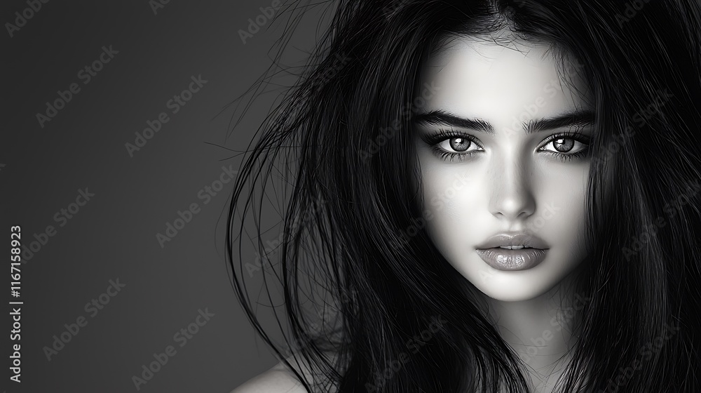 Close-up of a woman with black tousled hair and soft lips, her expressive eyes glowing softly in monochrome. The image features smooth shadows and intricate details, evoking calm sophistication Close-up of a woman with black tousled hair and soft lips, her expressive eyes glowing softly in monochrome. The image features smooth shadows and intricate details, evoking calm sophistication