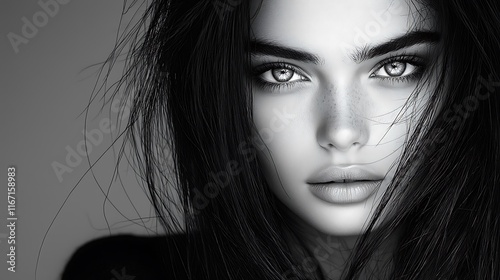 Close-up of a young woman with a natural and delicate face, her expressive eyes glowing with calmness. Black disheveled hair adds texture to the serene monochrome image Ultra-Realistic Photo 