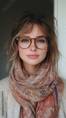 Woman in cozy sweater and scarf posing with glasses in a soft, natural setting