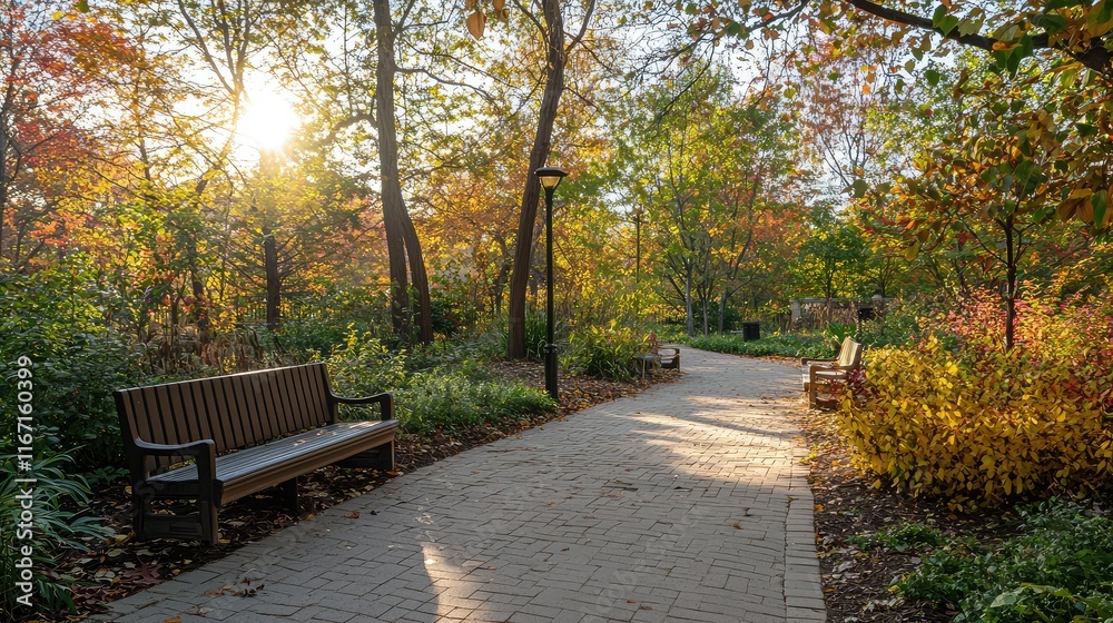 Serene Park Pathway Surrounded by Autumn Foliage and Sunlight Serene Park Pathway Surrounded by Autumn Foliage and Sunlight