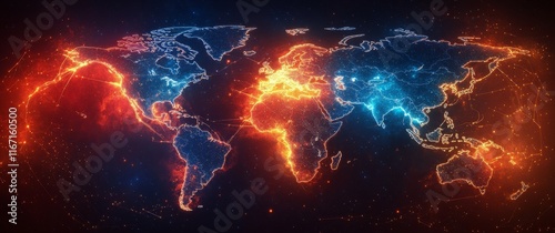 Visual representation of a glowing world map with vibrant colors showing cont...