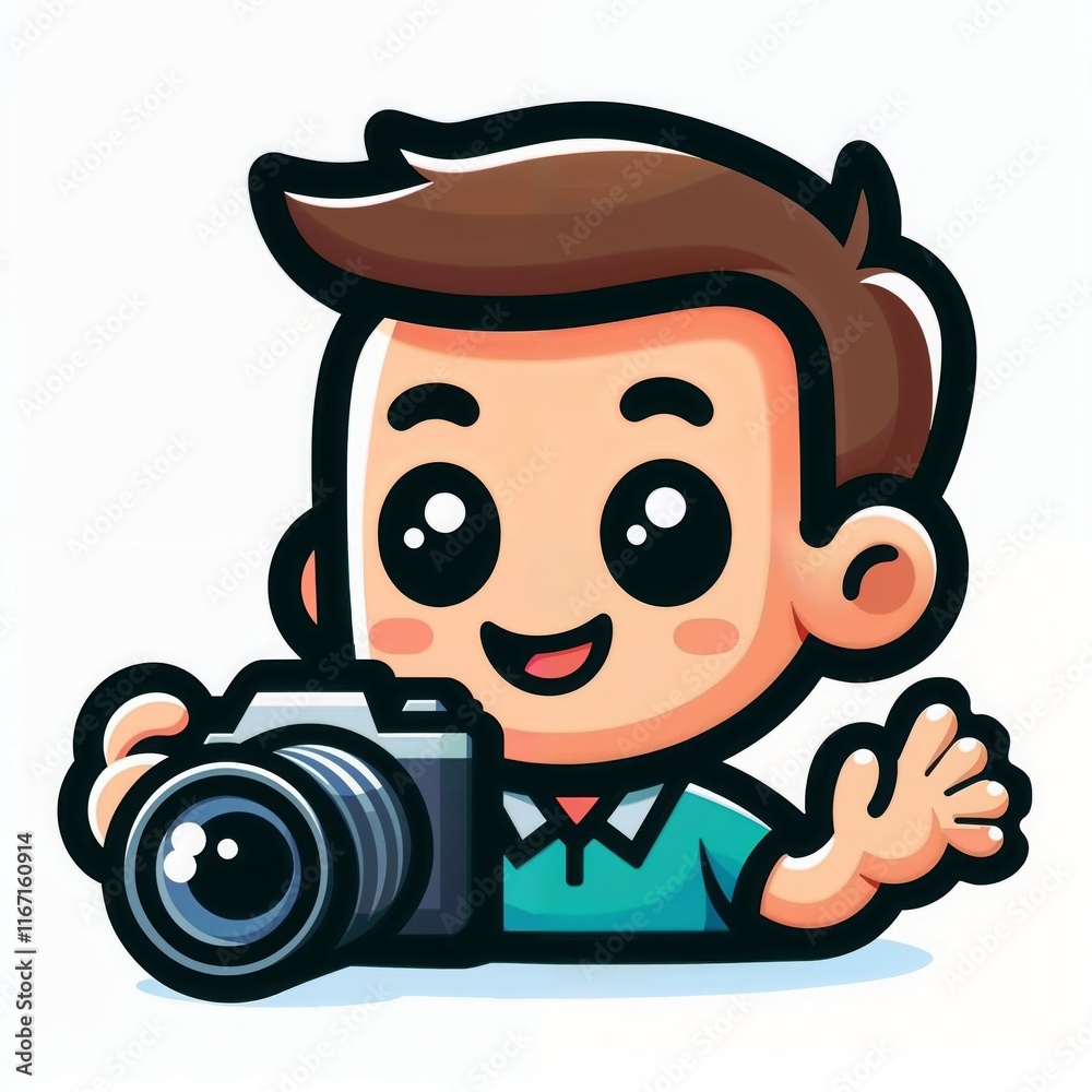 Cartoon photographer with a camera and a wide smile on white.Creativity. Passion. Capturing moments.Photography-themed illustration, playful character design, camera promotional art, artistic brandi
Cartoon photographer with a camera and a wide smile on white.Creativity. Passion. Capturing moments.Photography-themed illustration, playful character design, camera promotional art, artistic brandi