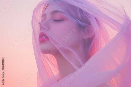 Wallpaper Mural Girl with pink veil enjoying a serene sunset moment with soft hues in the background, creating a dreamy atmosphere. Generative AI Torontodigital.ca