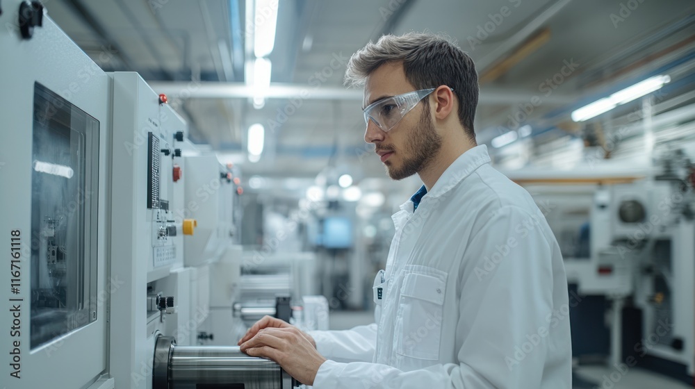 Young male engineer operating machinery in a modern factory. Young male engineer operating machinery in a modern factory.