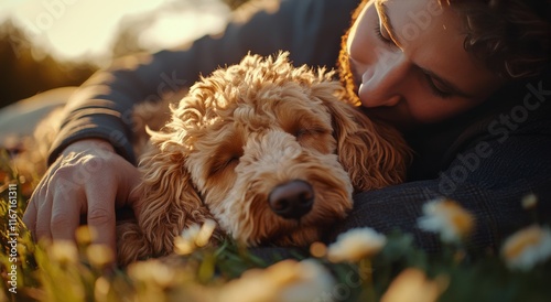 Loving connection between a person and a dog in a sunlit garden during golden...