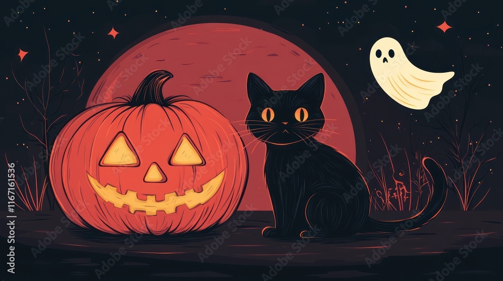 Black cat and jack-o'-lantern under a red moon. Black cat and jack-o'-lantern under a red moon.