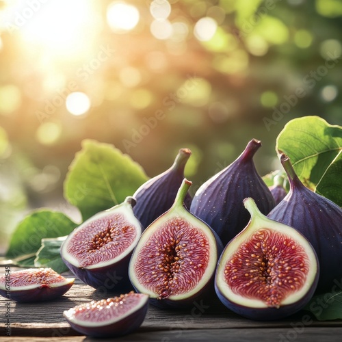 Fresh figs display under soft sunlight in a natural outdoor setting