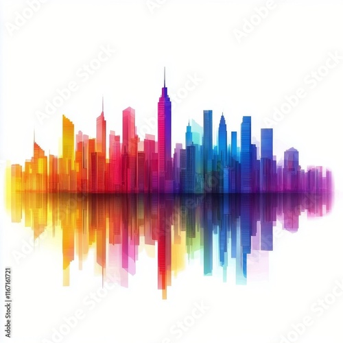 Colorful skyline reflecting in water during a bright day in a modern city