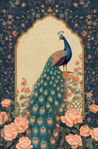 Peacock Illustration in Ornate Mughal Garden Frame for Invitation and Decorative Background photo