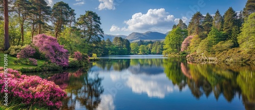 A beautiful spring landscape with colorful trees and flowers reflecting in the calm lake, a sunny day with blue sky and white clouds, a lush forest on both sides of the river, and mountains visible