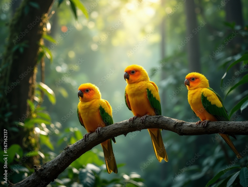 Colorful parrots perched on a branch in a lush tropical forest during daylight Colorful parrots perched on a branch in a lush tropical forest during daylight