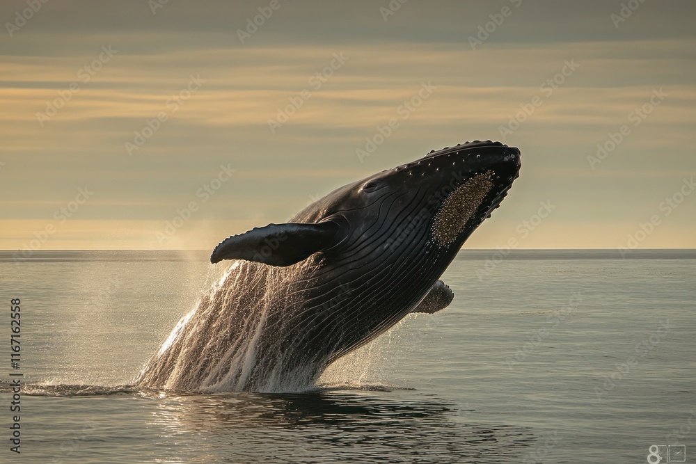 Fototapeta premium A giant whale leaps from the ocean, creating a stunning display as sunlight glimmers off its skin
