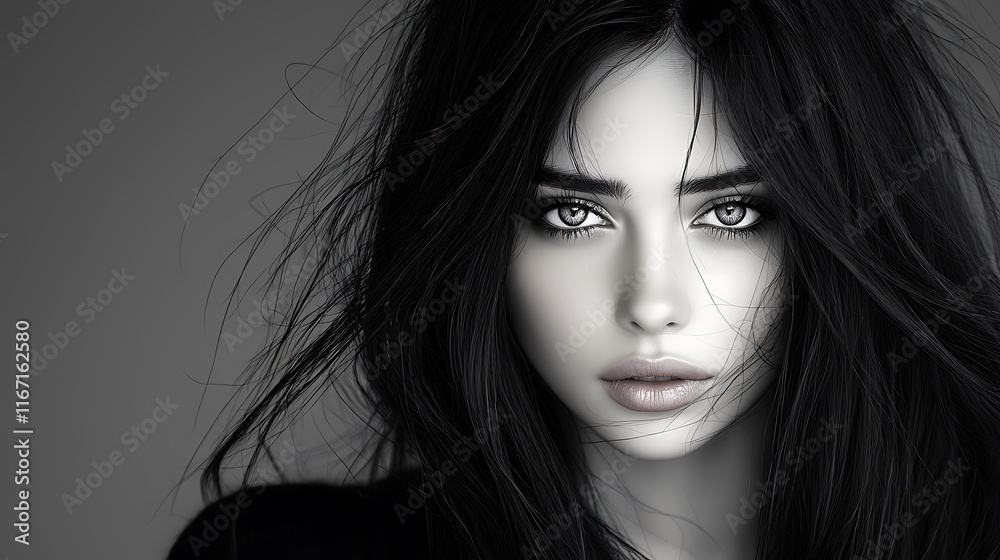 Fototapeta premium Young woman with a timeless look, black disheveled hair framing her delicate features. Expressive eyes and soft lips stand out against smooth shadows, creating a serene and artistic monochromatic 