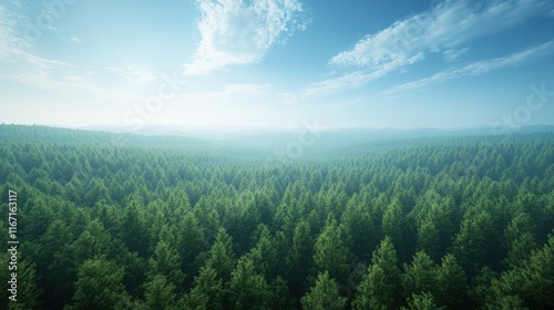 Misty morning sun illuminates a vast green forest stretching to distant mountains under a blue sky