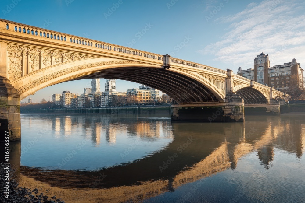 Naklejka premium Beautiful historic bridge offers stunning views of city skyline reflected in the calm river water during sunset