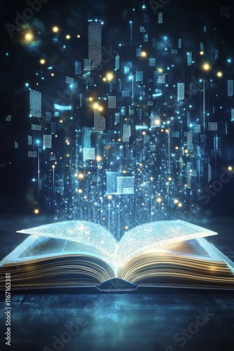 Enchanting book with glowing pages and floating letters in dark atmosphere