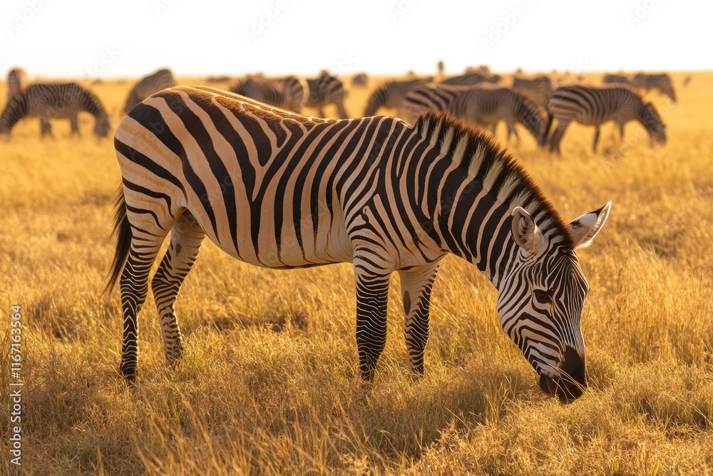 Fototapeta premium Zebras graze on the African savanna as sunlight enhances their striking stripes against the golden backdrop