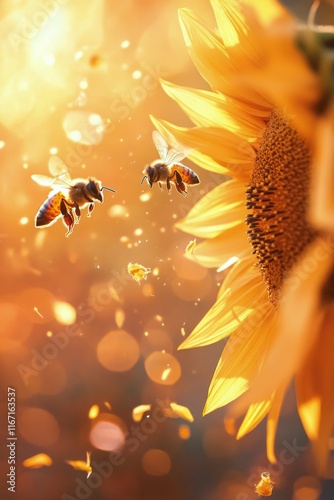 Buzzing bees pollinating a sunflower in warm sunlight during golden hour