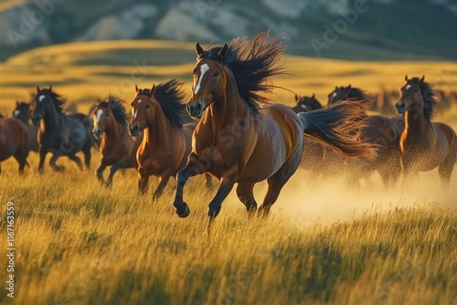 Herd of wild horses runs freely across a sunlit grassy plain, showcasing their strength and spirit in a dynamic display photo