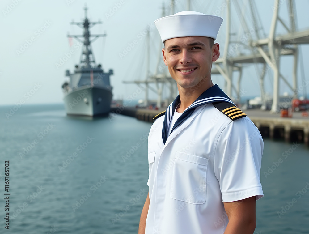 Sailor poses proudly at the harbor alongside a naval destroyer in bright daylight Sailor poses proudly at the harbor alongside a naval destroyer in bright daylight