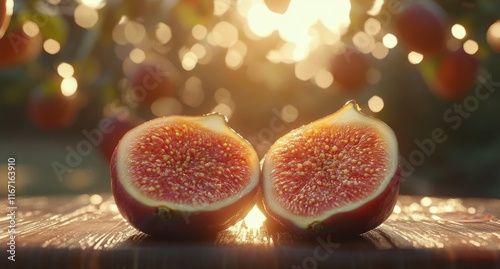 Freshly cut figs reveal juicy interior under glowing sunlight in lush orchard