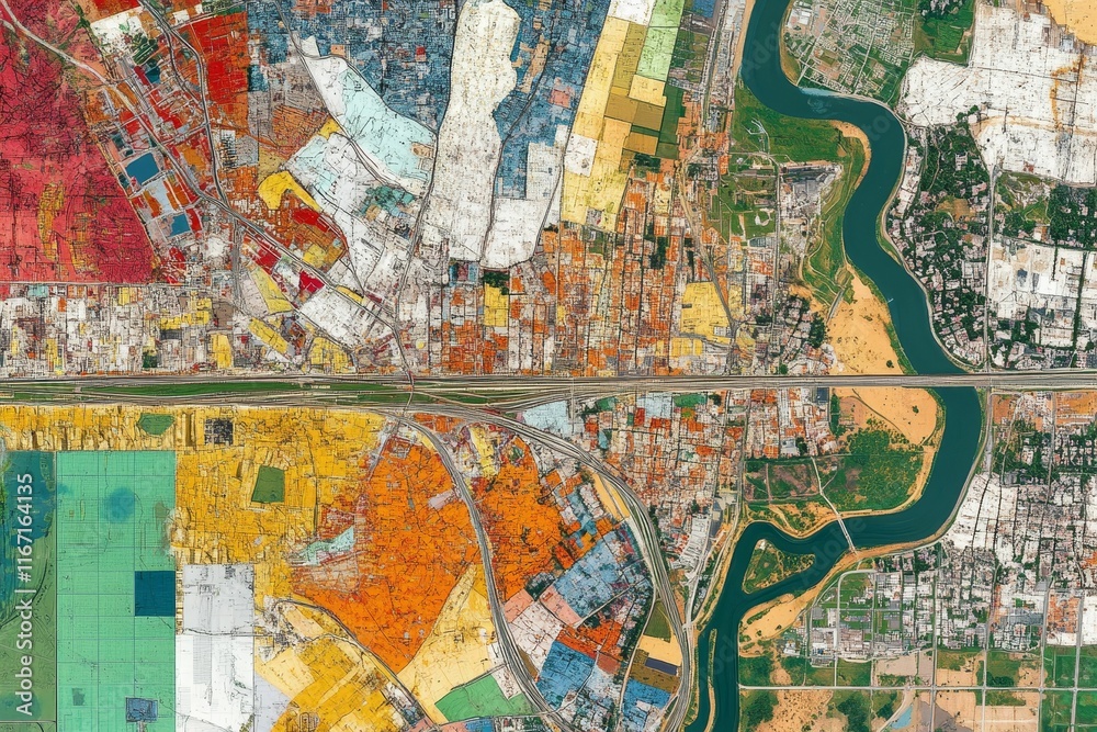 Fototapeta premium Aerial view, colorful land plots, river, highway.