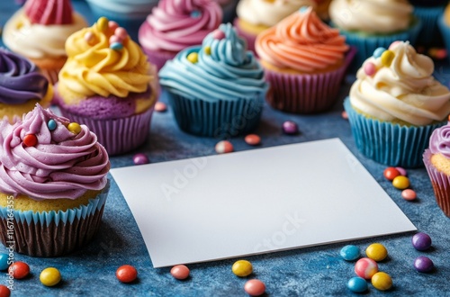 Colorful cupcakes with decorative frosting and blank card for special occasio...
