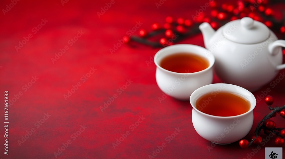 Fototapeta premium Traditional Chinese Tea Ceremony Set Against Festive Red Background