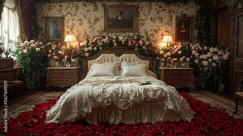 Luxurious bedroom with rose petals, floral arrangements, antique furniture, and elegant decor. photo