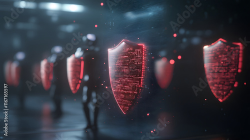 futuristic scene depicting ethical AI monitoring data security, featuring glowing red shields and humanoid figures high tech environment. atmosphere conveys sense of protection and advanced